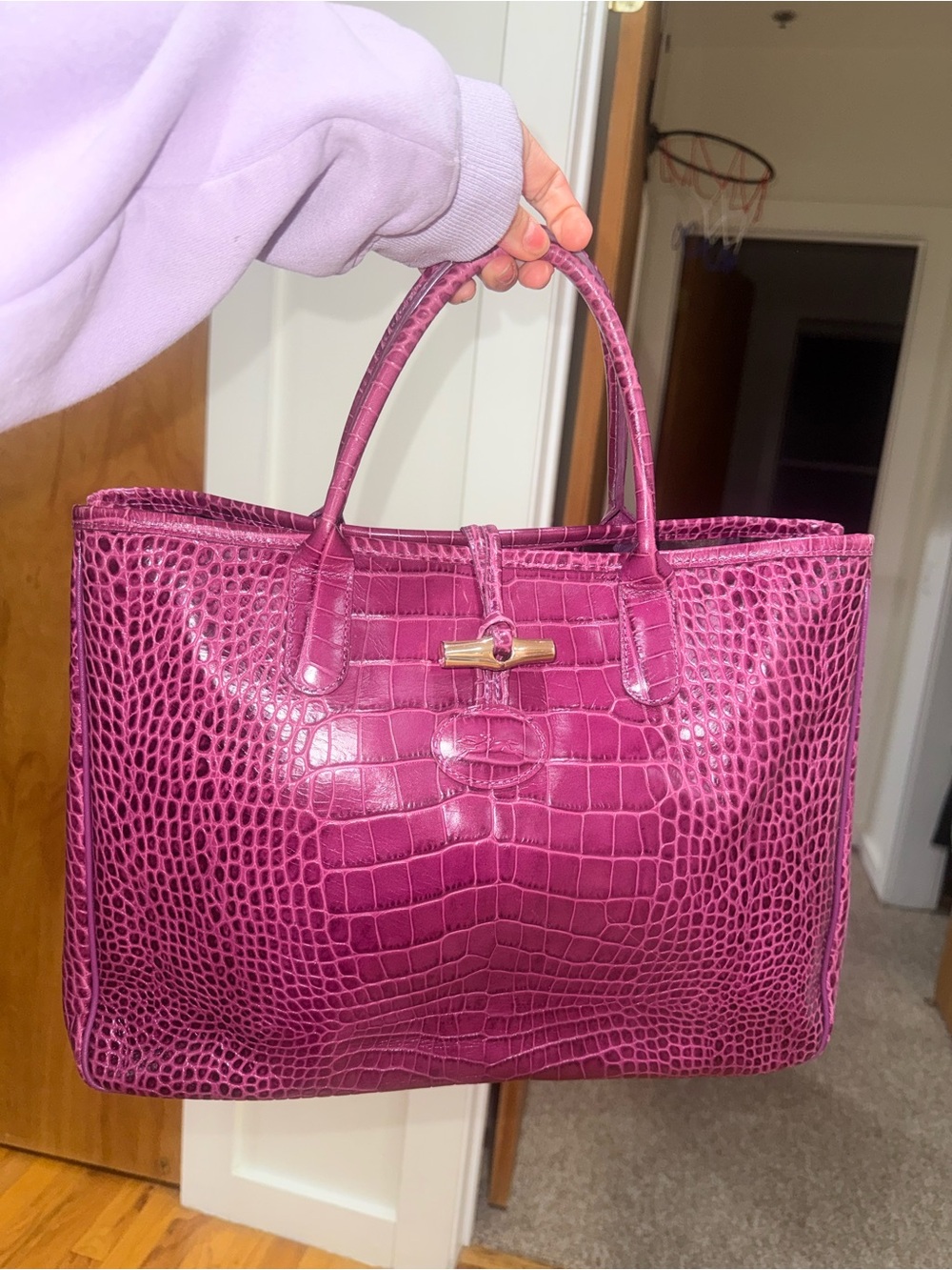 LongChamp Croc-Textured Pink Tote Bag